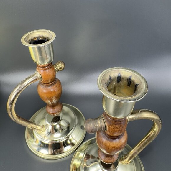 Primitive Style Wood And Metal Swivel Candle Stick Holder Set Vintage Decor VTG - Picture 16 of 16